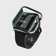 The smartwatch displays 12:09 with a 7:00 AM alarm, featuring a black band and an Apple Watch 40mm Case - EDGE by Raptic. It offers sleek scratch protection with its anodized aluminum metallic protective case.