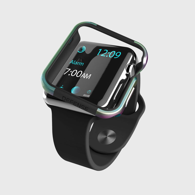 The smartwatch displays 12:09 with a 7:00 AM alarm, featuring a black band and an Apple Watch 40mm Case - EDGE by Raptic. It offers sleek scratch protection with its anodized aluminum metallic protective case.