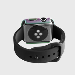 The Apple Watch 40mm Case - EDGE by Raptic, featuring a black strap and anodized aluminum finish with its metal back and sensors, is shown against a plain background.