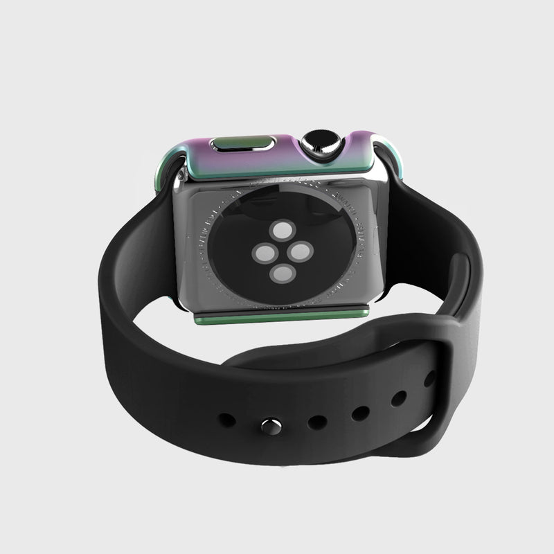 The Apple Watch 40mm Case - EDGE by Raptic, featuring a black strap and anodized aluminum finish with its metal back and sensors, is shown against a plain background.