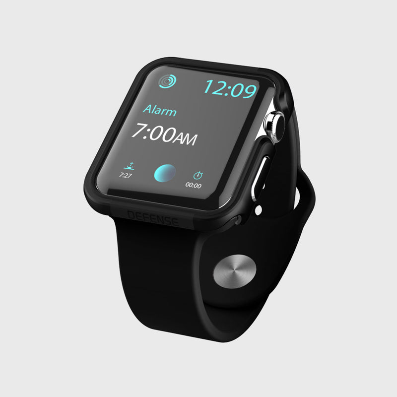 The Apple Watch 40mm Case - EDGE by Raptic showcases the time at 12:09, with a 7:00 AM alarm. Featuring a black band and anodized aluminum finish, this smartwatch includes an Apple Watch Bumper for enhanced scratch protection.