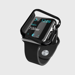 The Raptic Apple Watch 40mm Case - EDGE, in black, displays the time as 12:09 and an alarm for 7:00 AM. It features a metal band button and scratch protection case with a sleek anodized aluminum-like finish, combining style and durability.