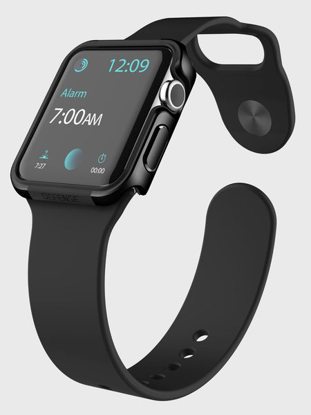 The Raptic Apple Watch 38mm Case features sleek anodized aluminum for durability and scratch protection. Displaying 12:09 with an alarm at 7:00 AM, it includes a black strap with an open buckle, ensuring both style and function.