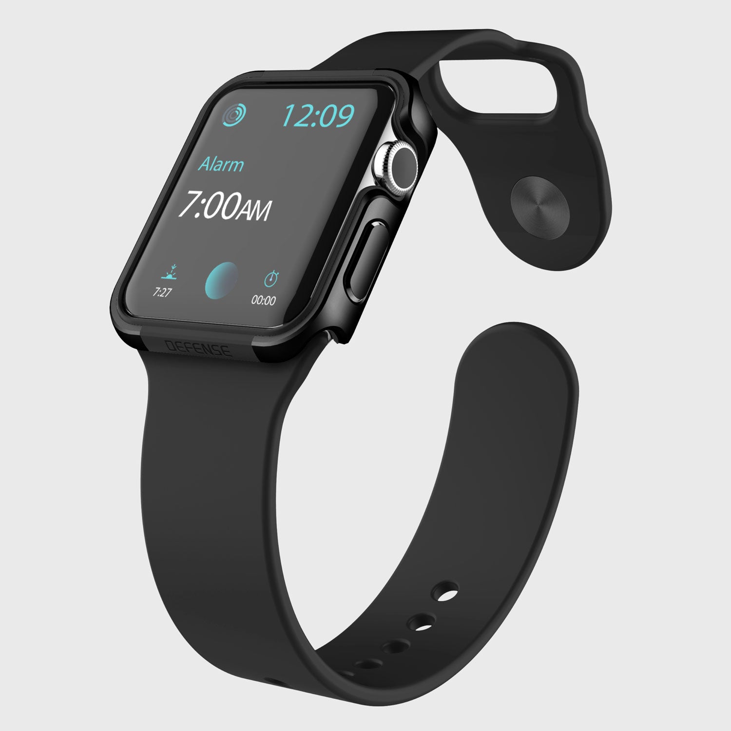 A black Apple Watch with a clock on it, encased in a Raptic EDGE bumper that protects.