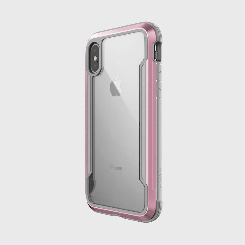 The back view of an iPhone XS Max case in pink, offering drop protection with the Raptic Shield case.
