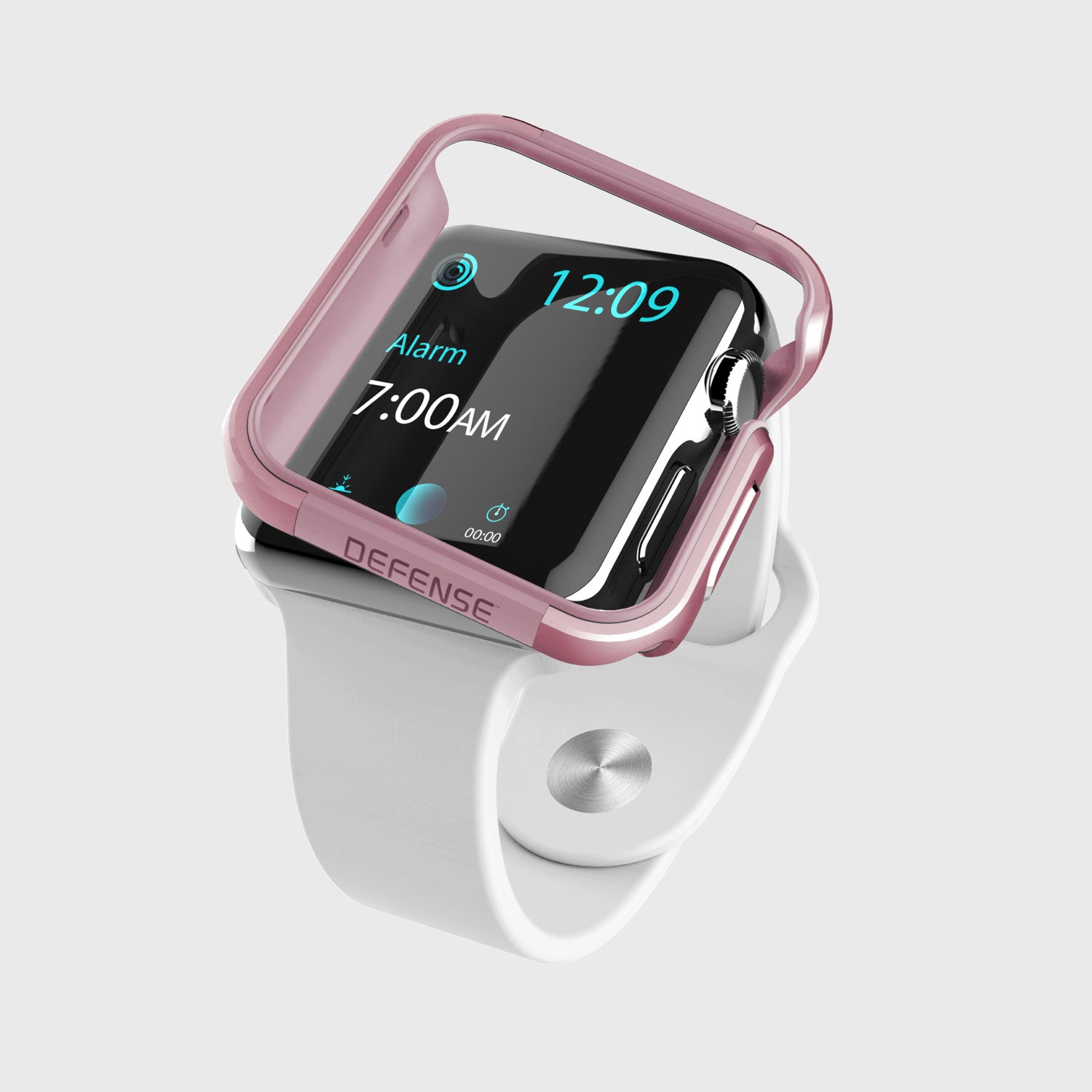 A pink Raptic Apple Watch EDGE with a machined anodized aluminum bumper that protects it is shown on a white background.