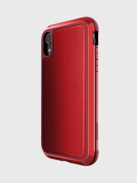 The Raptic LUX iPhone XR Case features a red design with a textured back, impact-resistant polycarbonate corners, and precise cutouts for the camera and side buttons.