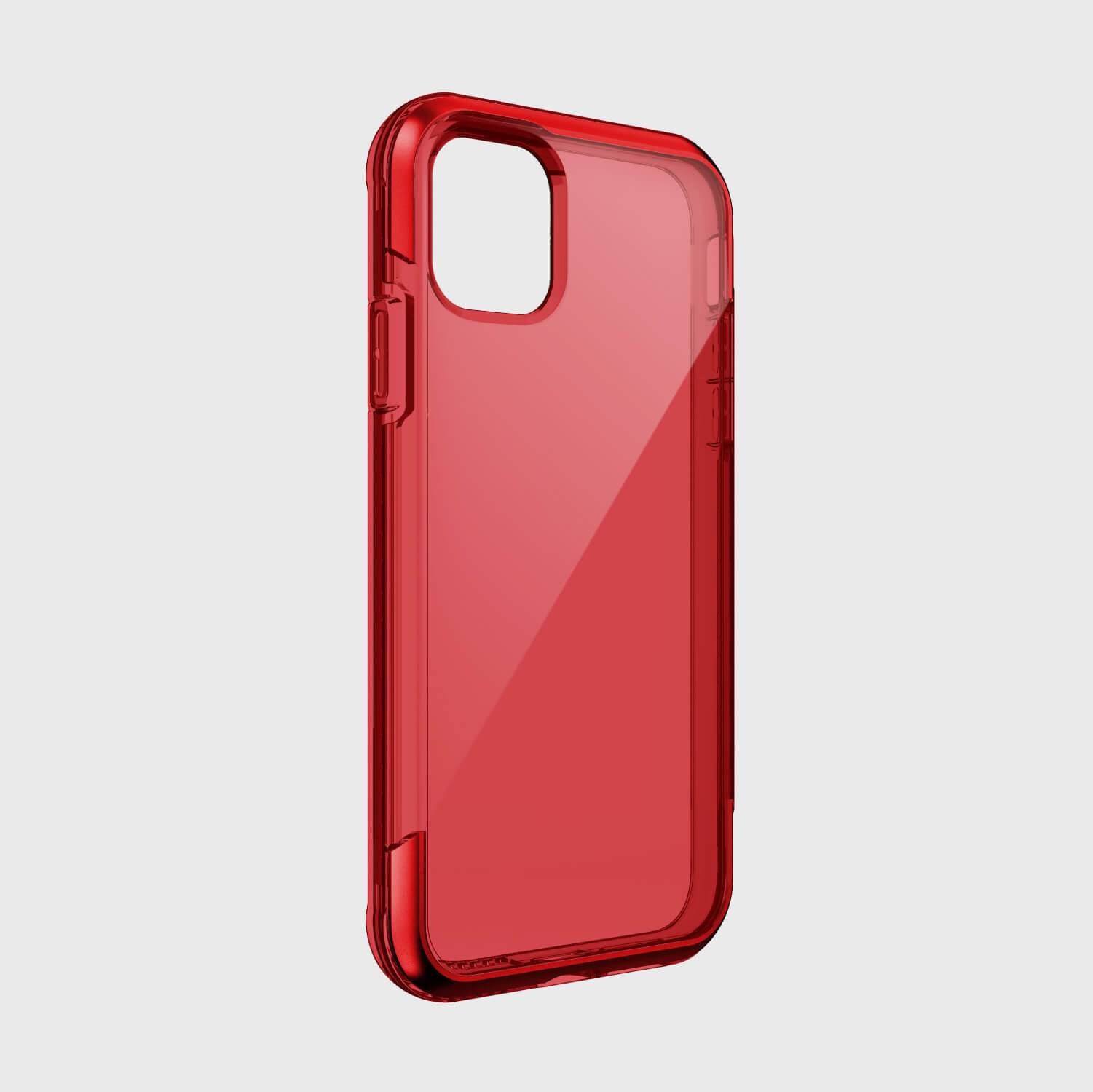 A red Raptic iPhone 11 Pro Max case providing 13 foot drop protection on a white background.