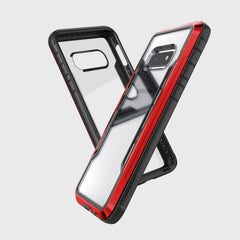 A red and black X-Doria Samsung Galaxy S10e Case Raptic Shield Red phone case with drop protection.