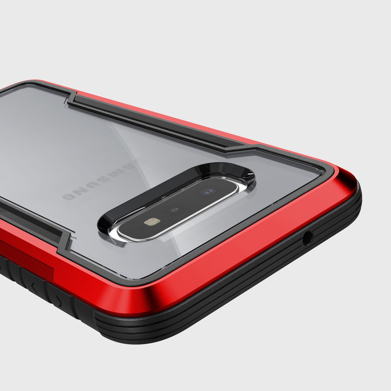 The red and black X-Doria Samsung Galaxy S10e Case Raptic Shield Red offers drop protection.