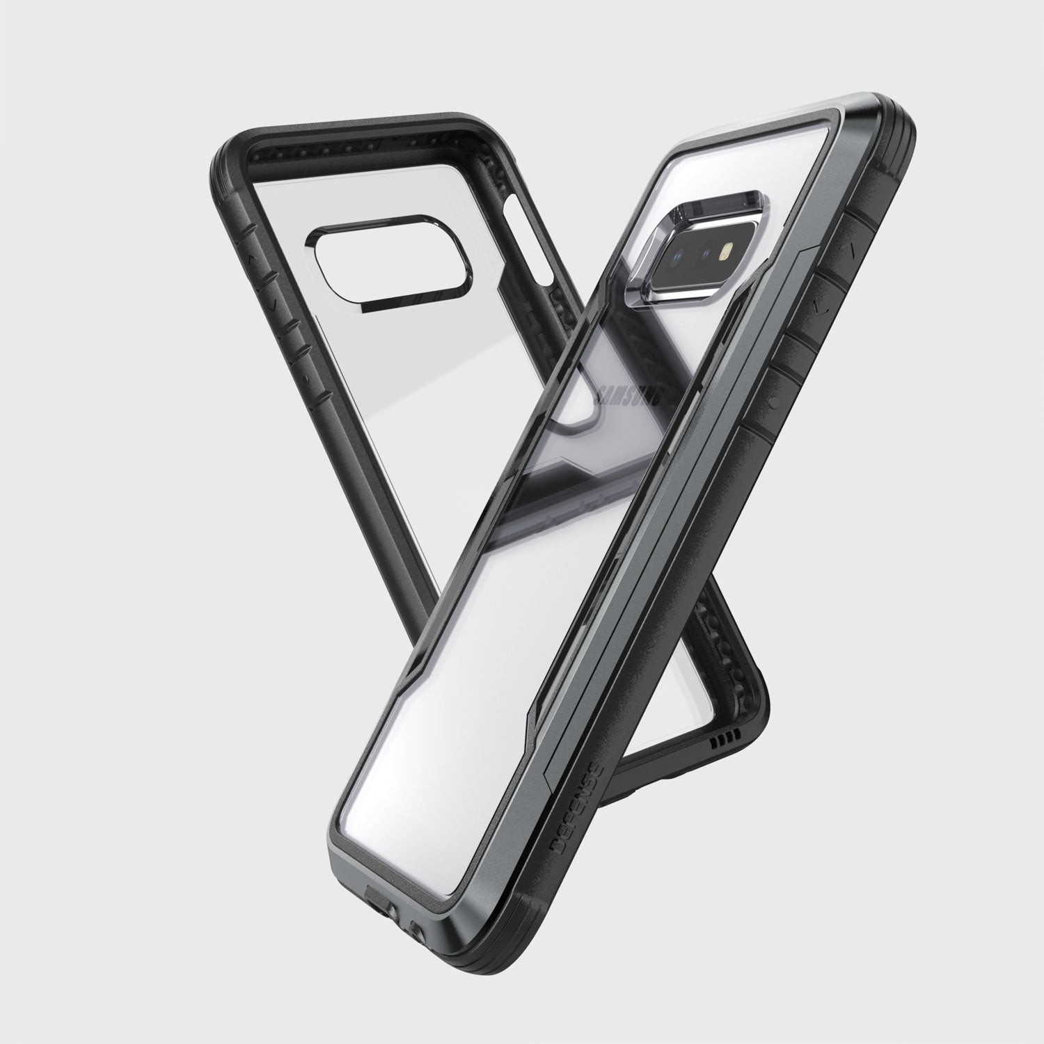 A black Raptic Samsung Galaxy S10e Case with a mirror on the back, providing drop protection and ideal for Galaxy S10e owners.