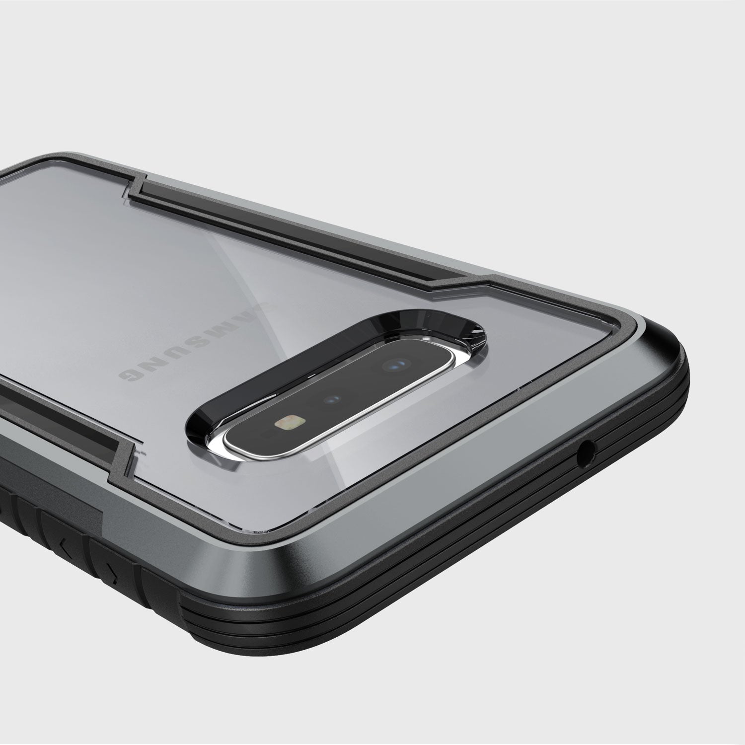 The Raptic Samsung Galaxy S10e Case Shield Black is shown, providing drop protection.
