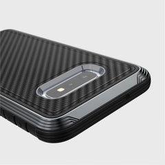 Stylish and durable Raptic Lux Black Carbon Fiber case specifically designed for the Samsung Galaxy S10e, offering superior protection to your device.