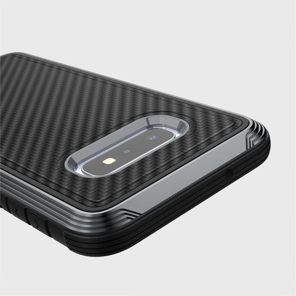 Stylish and durable Raptic Lux Black Carbon Fiber case specifically designed for the Samsung Galaxy S10e, offering superior protection to your device.