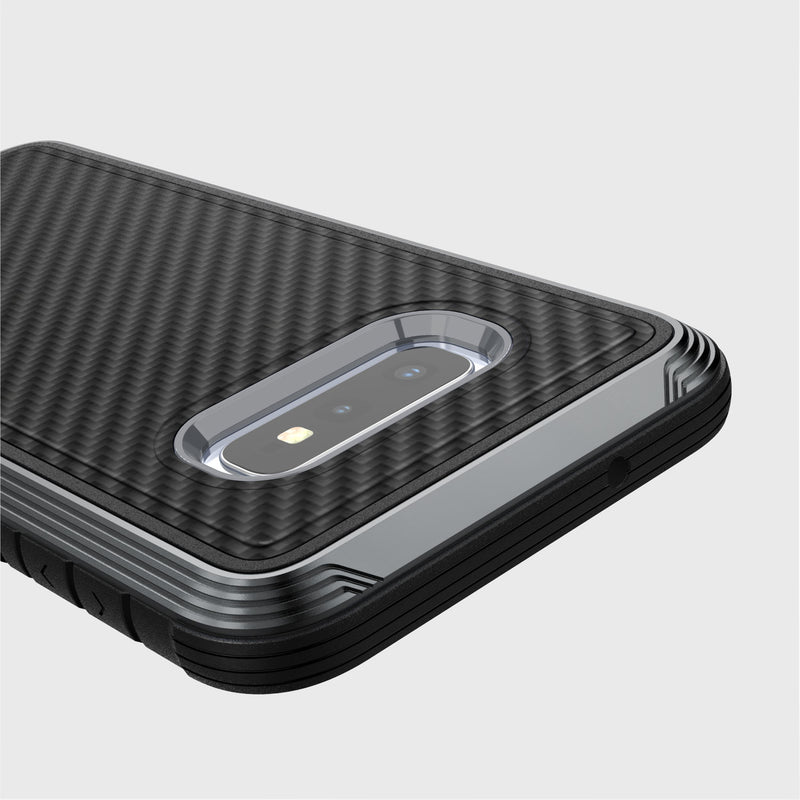 Stylish and durable Raptic Lux Black Carbon Fiber case specifically designed for the Samsung Galaxy S10e, offering superior protection to your device.
