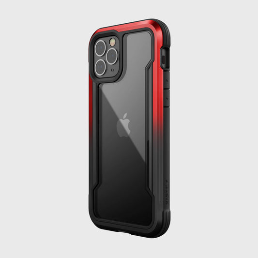 The back of an iPhone 12 Pro case - SHIELD by Raptic in red and black, providing protection for your device.