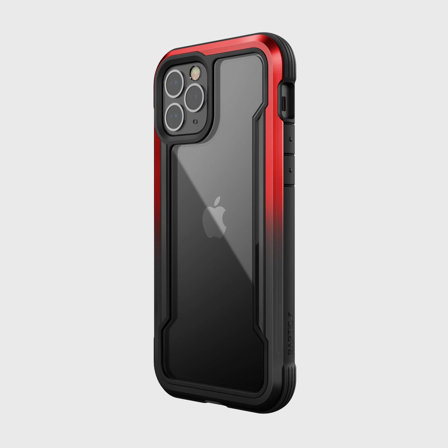 The back of a Raptic SHIELD case for the iPhone 12 Pro Max in red and black, offering 13' foot drop protection.