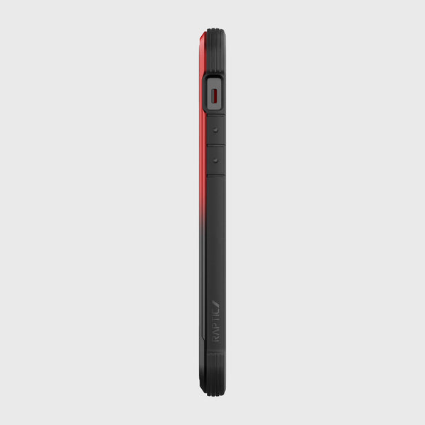 A black and red Raptic SHIELD case for iPhone 12 Pro Max providing 13' foot drop protection on a white background.