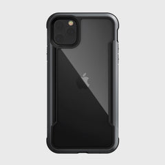 A Raptic iPhone 11 Pro Max Case - SHIELD, made from aluminum alloy with a raised edge design, shown from the back, features a black Apple logo and triple camera setup, ensuring excellent drop protection.