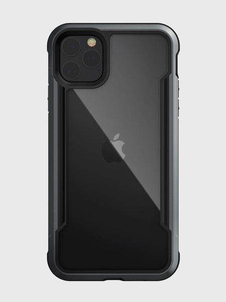 A Raptic iPhone 11 Pro Max Case - SHIELD, made from aluminum alloy with a raised edge design, shown from the back, features a black Apple logo and triple camera setup, ensuring excellent drop protection.