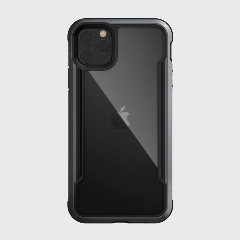 A Raptic iPhone 11 Pro Max Case - SHIELD, made from aluminum alloy with a raised edge design, shown from the back, features a black Apple logo and triple camera setup, ensuring excellent drop protection.
