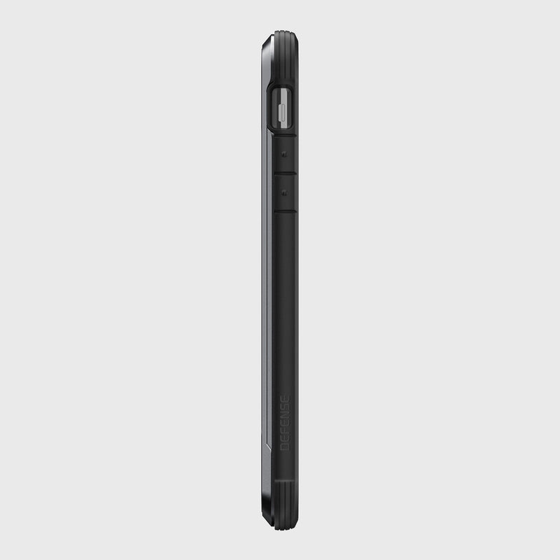 Side view of a durable black Raptic iPhone 11 Pro Max Case - SHIELD, featuring visible buttons and a camera bump, crafted from aluminum alloy, against a plain gray background.