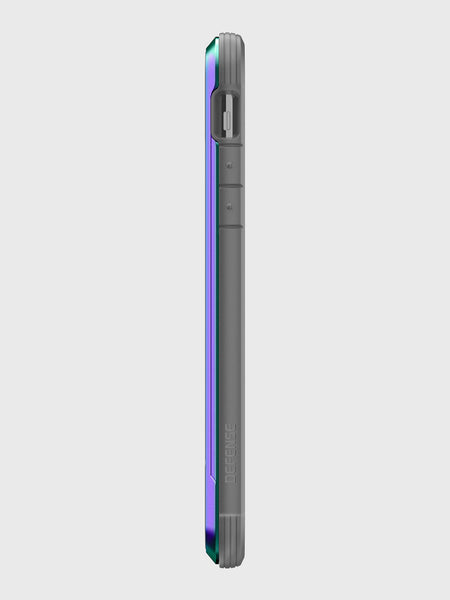 A side view of the iPhone 11 encased in a Raptic SHIELD case highlights its camera module and volume buttons. The sleek design ensures wireless charging compatibility, set against a gray background.