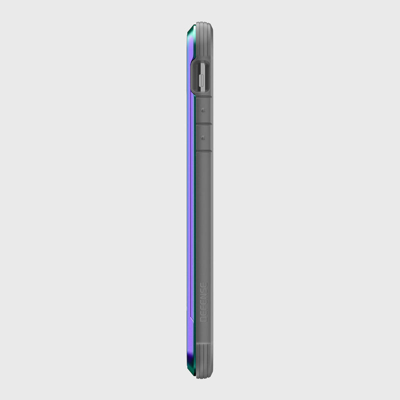 Side view of the iPhone 11 Pro Max in a Raptic SHIELD aluminum alloy case, highlighting buttons and camera cutout, designed for maximum drop protection.