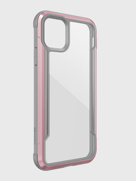 Raptic's SHIELD case for iPhone 11 Pro features a pink and gray protective design with a transparent back, accommodates dual rear cameras, and supports wireless charging.