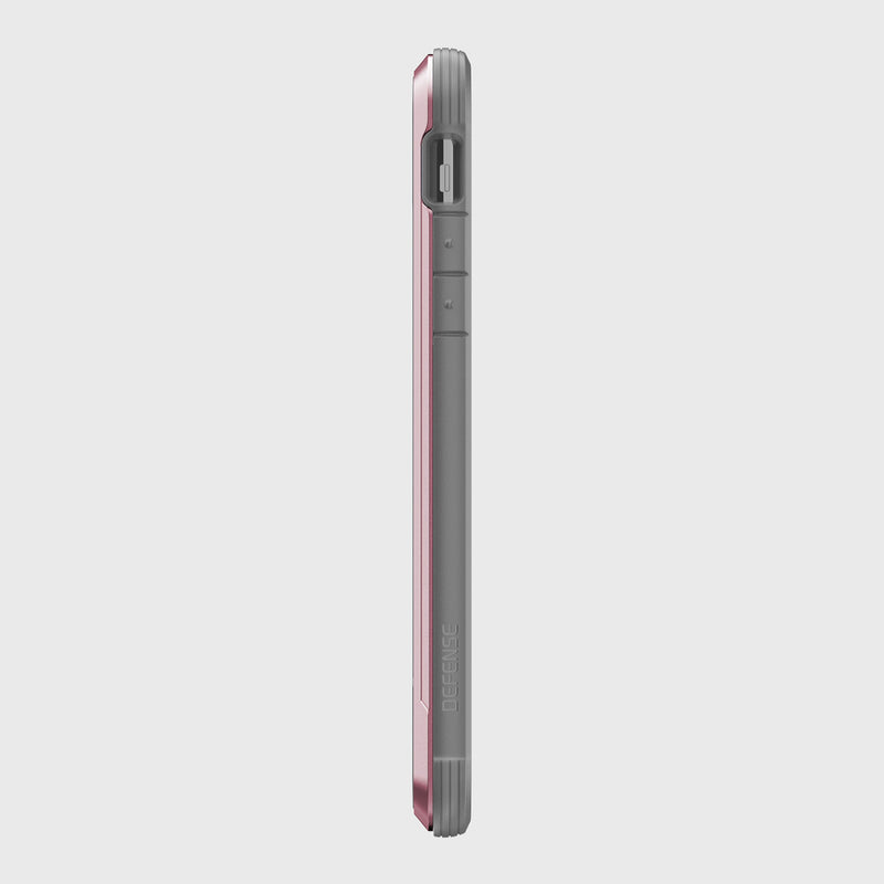 Side view of an iPhone 11 Pro Max in a Raptic SHIELD case, red and gray with button cutouts and 