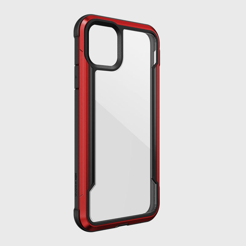The Raptic iPhone 11 Pro Max Case - SHIELD, in red and black, is designed for dual rear cameras and drop protection with an aluminum alloy build. The clear back highlights your device.