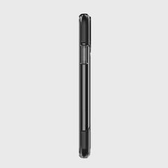 Profile view of a closed black foldable smartphone with shock-absorbing hinges and side buttons, against a plain gray background. Featured product: Raptic iPhone 11 Pro Case - CLEAR.