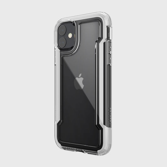 The back view of a Raptic Clear iPhone 11 Case with shock-absorbing rubber.