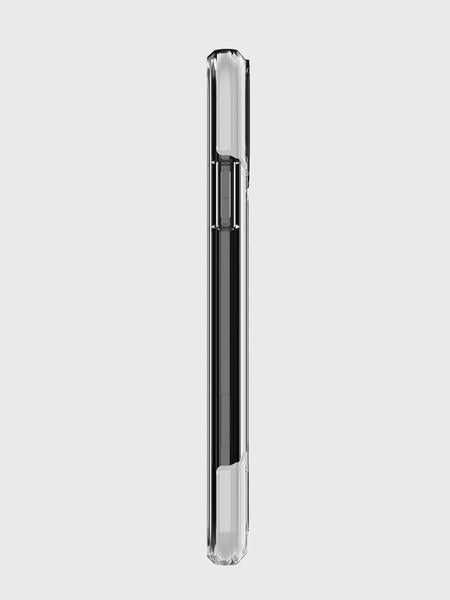Side view of the slim, wireless charging compatible CLEAR iPhone 11 Pro case by Raptic on a smartphone, showcasing its glossy finish and button cutouts against a white background.