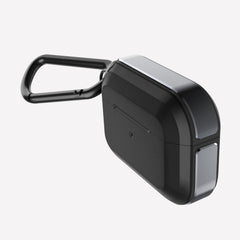 Raptic Trek Black case on Apple AirPods Pro showing the front and machined aluminum bumper side with detachable carabiner