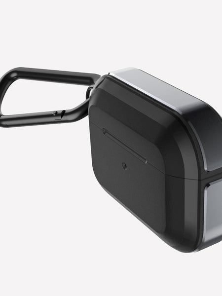 Raptic Trek Black case on Apple AirPods Pro showing the front and machined aluminum bumper side with detachable carabiner