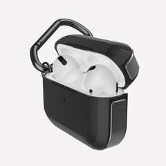 Defense Trek Black on Apple AirPods Pro showing the sideview, hard polycarbonate top and machined aluminum bumper