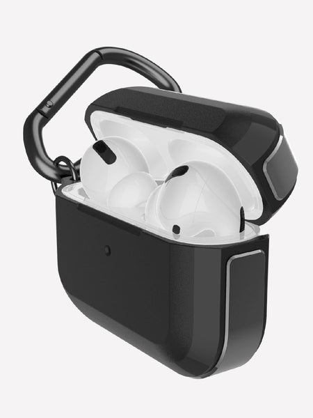 Defense Trek Black on Apple AirPods Pro showing the sideview, hard polycarbonate top and machined aluminum bumper