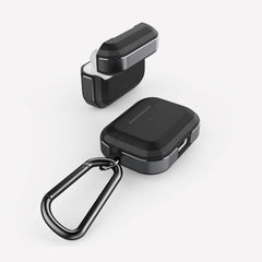 Defense Trek Black on Apple AirPods Pro showing the secure detachable carabiner, sideview, protective hard polycarbonate top, and charging port accessibility 