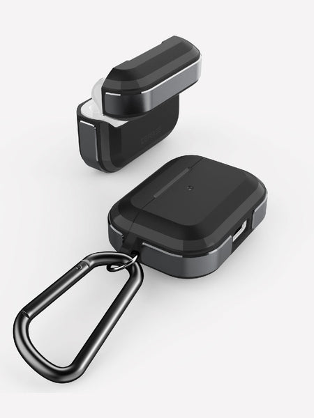 Defense Trek Black on Apple AirPods Pro showing the secure detachable carabiner, sideview, protective hard polycarbonate top, and charging port accessibility 
