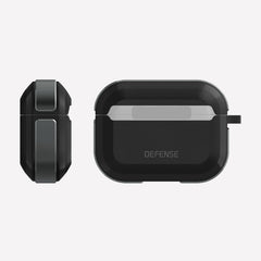Defense Trek Black on Apple AirPods Pro showing the machined aluminum bumper Side and protective hard polycarbonate front