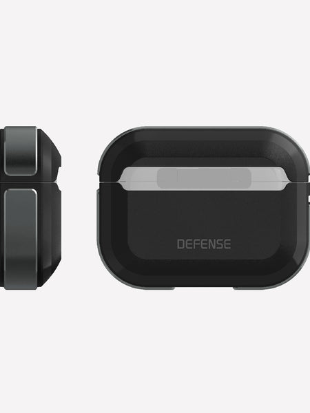 Defense Trek Black on Apple AirPods Pro showing the machined aluminum bumper Side and protective hard polycarbonate front