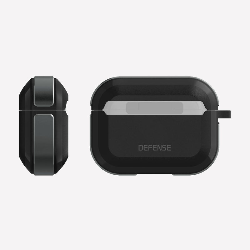 Defense Trek Black on Apple AirPods Pro showing the machined aluminum bumper Side and protective hard polycarbonate front