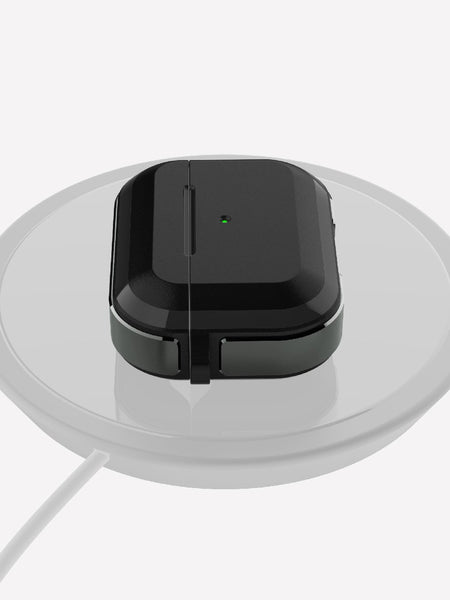 Raptic Trek Black case on Apple AirPods Pro showing wireless charging compatibilities