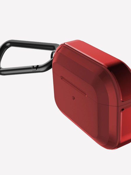 Raptic Trek Red on Apple AirPods Pro showing the front and machined aluminum bumper side with detachable carabiner 