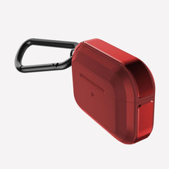 Raptic Trek Red on Apple AirPods Pro showing the front and machined aluminum bumper side with detachable carabiner 