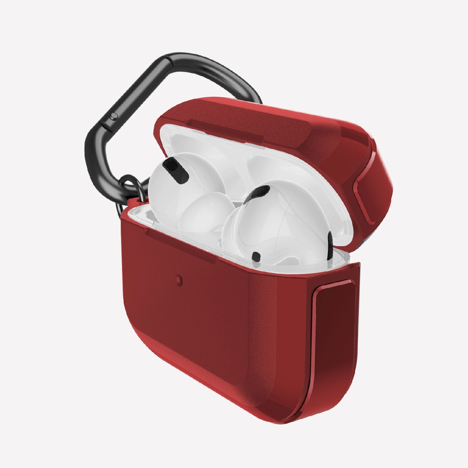 Raptic Trek Red on Apple AirPods Pro showing the sideview, hard polycarbonate top, machined aluminum bumper and detachable carabiner