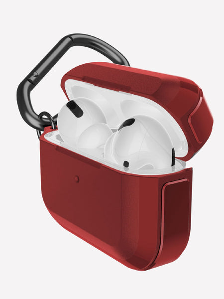Raptic Trek Red on Apple AirPods Pro showing the sideview, hard polycarbonate top, machined aluminum bumper and detachable carabiner