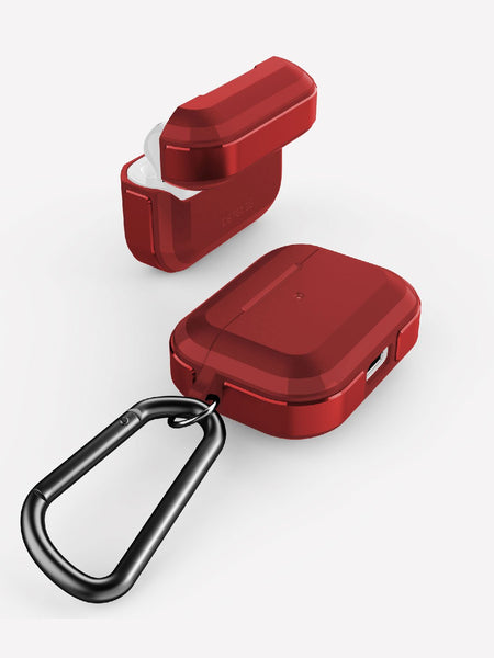 Raptic Trek Red on Apple AirPods Pro showing the secure detachable carabiner, sideview, protective hard polycarbonate top, and charging port accessibility 