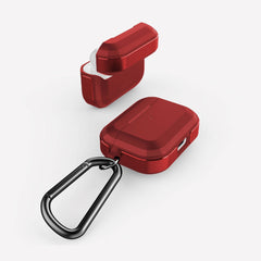 Raptic Trek Red on Apple AirPods Pro showing the secure detachable carabiner, sideview, protective hard polycarbonate top, and charging port accessibility 